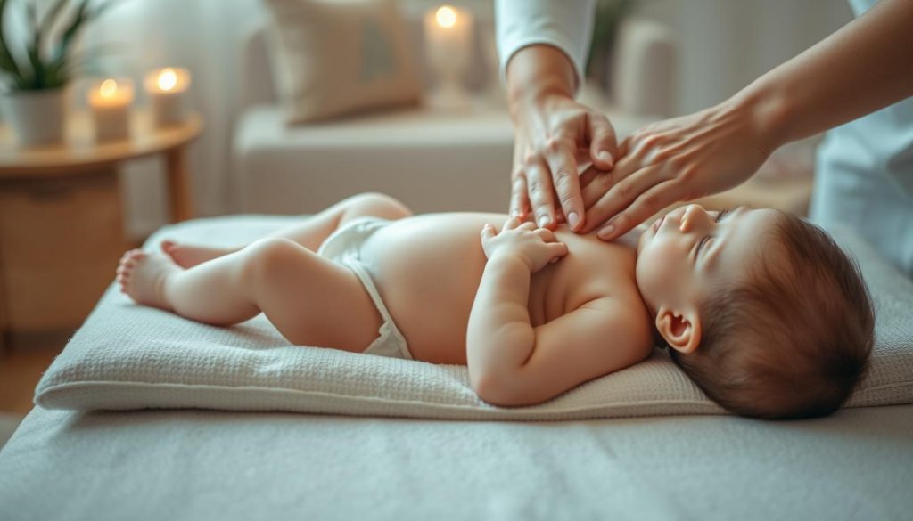A serene and calming scene of a baby lying on a massage table, being gently massaged by skilled hands to relieve gas pains. The soft, diffused lighting creates a soothing atmosphere, while the plush, neutral-toned fabrics of the massage table and surrounding decor evoke a sense of comfort and relaxation. The focus is on the hands delicately kneading the baby's abdomen, with the background slightly blurred to emphasize the intimate moment. The overall mood is one of care, tenderness, and therapeutic relief. A serene and calming scene of a baby lying on a massage table, being gently massaged by skilled hands to relieve gas pains. The soft, diffused lighting creates a soothing atmosphere, while the plush, neutral-toned fabrics of the massage table and surrounding decor evoke a sense of comfort and relaxation. The focus is on the hands delicately kneading the baby's abdomen, with the background slightly blurred to emphasize the intimate moment. The overall mood is one of care, tenderness, and therapeutic relief.