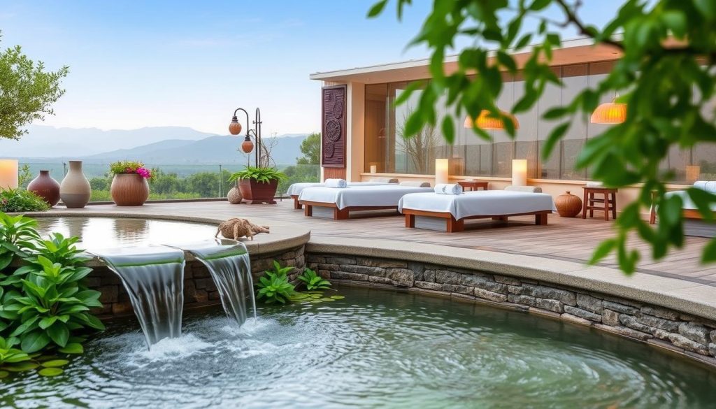 A serene and calming scene of a spa-like environment, featuring a variety of therapeutic techniques and practices. In the foreground, a tranquil water feature with gently cascading waterfalls, surrounded by lush, verdant foliage. The middle ground showcases various spa amenities, such as massage tables, aromatherapy diffusers, and soothing lighting fixtures. The background depicts a peaceful, natural landscape, with mountains or rolling hills in the distance, conveying a sense of balance and harmony. The overall atmosphere is one of relaxation, rejuvenation, and holistic well-being, capturing the essence of the "Terapi Yöntemleri ve Uygulamaları" section.