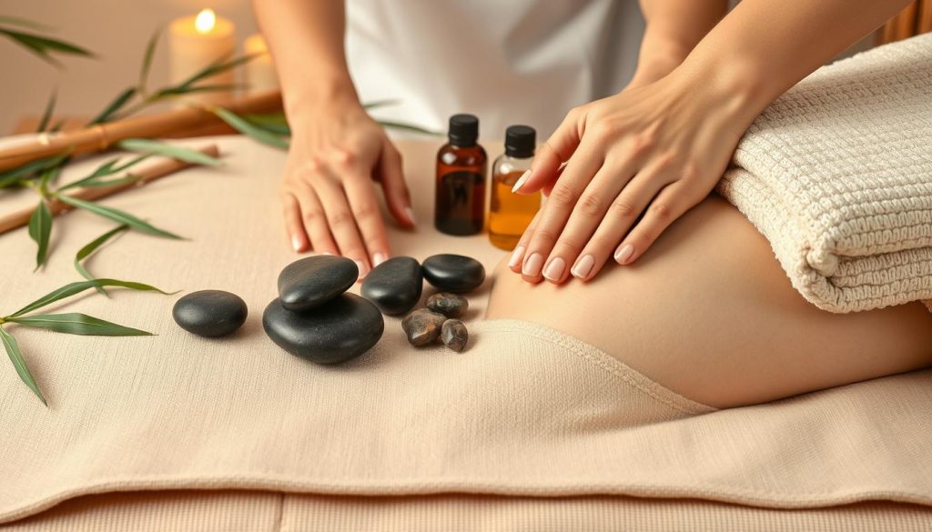 A serene and calming scene of various massage techniques being demonstrated on a peaceful, relaxing background. The foreground features the gentle hands of a skilled masseuse expertly applying different massage strokes, such as kneading, effleurage, and petrissage, on a soothing beige surface. The middle ground showcases a collection of natural, therapeutic elements like smooth river stones, fragrant essential oils, and plush towels, creating a tranquil, spa-like atmosphere. The background subtly blends soft, natural textures like bamboo, leaves, and earthy tones, evoking a sense of harmony and wellness. Warm, diffused lighting from an unseen source casts a serene glow, enhancing the calming ambiance. The overall composition conveys the professionalism and expertise of masseuses in administering fundamental massage techniques that promote skin and muscle health.