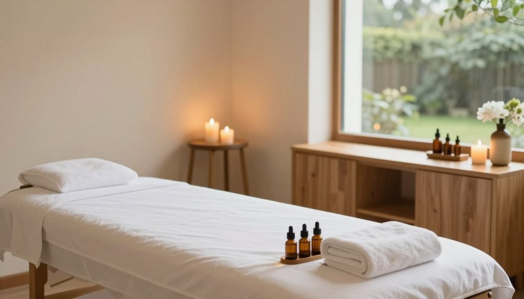 A serene and clean massage room, showcasing high hygiene standards. The foreground features a pristine massage table with freshly laundered linens, complemented by neatly arranged aromatherapy oils and clean towels. In the middle, elegant natural wood furniture contrasts with soft, calming colors on the walls, creating an inviting atmosphere. Soft lighting enhances the tranquility of the space, with gentle shadows adding depth, while a warm glow emanates from strategically placed candles. In the background, a large window offers a glimpse of a peaceful outdoor garden, bringing in natural light and a touch of greenery. The overall mood is soothing and professional, representing a standard of excellence in service quality and cleanliness for massage therapy. A serene and clean massage room, showcasing high hygiene standards. The foreground features a pristine massage table with freshly laundered linens, complemented by neatly arranged aromatherapy oils and clean towels. In the middle, elegant natural wood furniture contrasts with soft, calming colors on the walls, creating an inviting atmosphere. Soft lighting enhances the tranquility of the space, with gentle shadows adding depth, while a warm glow emanates from strategically placed candles. In the background, a large window offers a glimpse of a peaceful outdoor garden, bringing in natural light and a touch of greenery. The overall mood is soothing and professional, representing a standard of excellence in service quality and cleanliness for massage therapy.