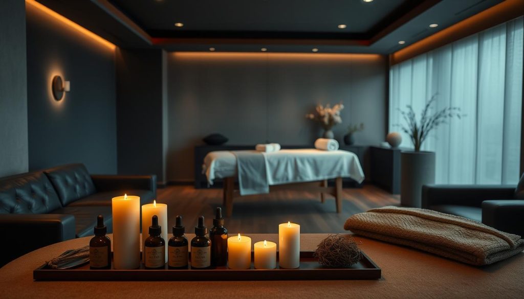 A serene and dimly lit interior of a high-end massage studio in Istanbul, Turkey. Plush leather couches and subdued lighting create a calming ambiance. In the foreground, a display of aromatic oils and candles sets the mood for a rejuvenating experience. The middle ground features a massage table draped with soft linens, ready to welcome a guest. The background showcases muted tones and minimalist decor, evoking a sense of tranquility and introspection. The overall scene conveys a sanctuary of relaxation and mindfulness, inviting the viewer to step into a haven of peace and restoration.