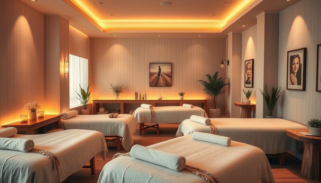 A serene and elegant massage parlor interior, bathed in warm, soothing lighting. Plush, inviting massage tables are positioned throughout the space, with soft, neutral-toned fabrics and natural wooden accents creating a calming ambiance. Potted plants and subtle artworks adorn the walls, hinting at a thoughtfully curated, spa-like atmosphere. The scene conveys a sense of tranquility and professionalism, setting the stage for a rejuvenating and restorative massage experience.