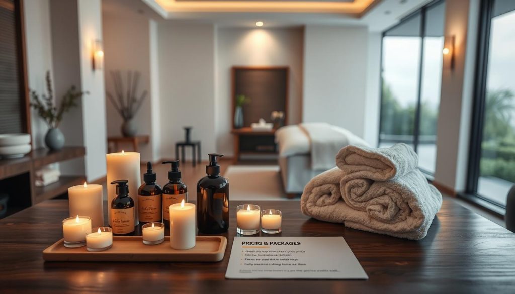 A serene and elegant spa setting with a focus on pricing and package options. In the foreground, an array of high-quality massage oils, candles, and plush towels, artfully arranged on a polished wooden table. In the middle ground, a minimalist yet inviting treatment room with soft lighting and calming neutral tones. The background features a tranquil outdoor scene, perhaps a lush garden or a serene water feature, creating a sense of relaxation and rejuvenation. The overall atmosphere conveys professionalism, attention to detail, and a commitment to providing a luxurious and personalized spa experience. A serene and elegant spa setting with a focus on pricing and package options. In the foreground, an array of high-quality massage oils, candles, and plush towels, artfully arranged on a polished wooden table. In the middle ground, a minimalist yet inviting treatment room with soft lighting and calming neutral tones. The background features a tranquil outdoor scene, perhaps a lush garden or a serene water feature, creating a sense of relaxation and rejuvenation. The overall atmosphere conveys professionalism, attention to detail, and a commitment to providing a luxurious and personalized spa experience.