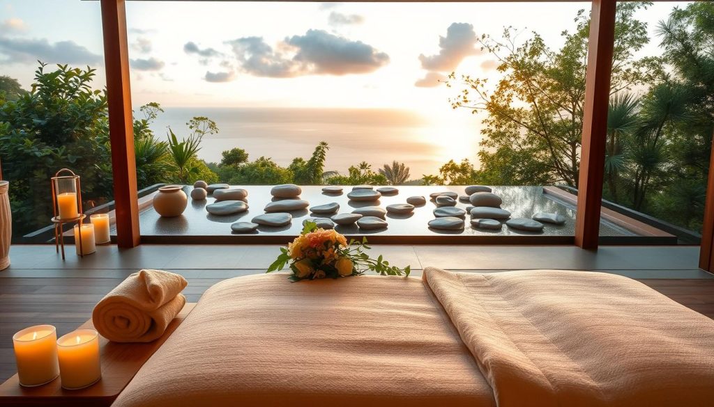A serene and harmonious spa setting, with a soothing palette of natural tones. The foreground features an elegant wooden massage table, draped in plush, soft-textured linens. Delicate floral arrangements and calming candle flames add a touch of romance. The middle ground showcases a minimalist, zen-inspired decor, with smooth river stones and tranquil water features. In the background, a panoramic view of lush greenery and a calming sky, bathed in warm, golden lighting. The overall atmosphere radiates a sense of rejuvenation, relaxation, and an intimate, couple-friendly ambiance. A serene and harmonious spa setting, with a soothing palette of natural tones. The foreground features an elegant wooden massage table, draped in plush, soft-textured linens. Delicate floral arrangements and calming candle flames add a touch of romance. The middle ground showcases a minimalist, zen-inspired decor, with smooth river stones and tranquil water features. In the background, a panoramic view of lush greenery and a calming sky, bathed in warm, golden lighting. The overall atmosphere radiates a sense of rejuvenation, relaxation, and an intimate, couple-friendly ambiance.
