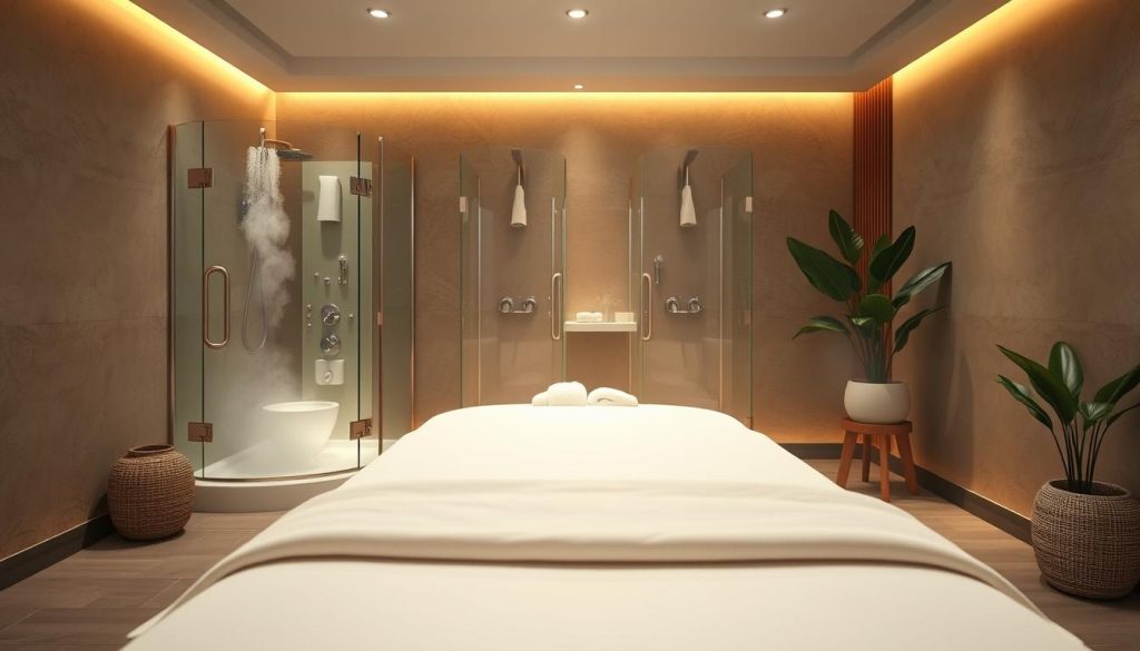 A serene and hygienic spa environment, bathed in soft, warm lighting. The foreground features a pristine massage table draped in crisp, white linens, inviting visitors to indulge in a moment of tranquility. In the middle ground, elegant glass-enclosed shower stalls gleam, with steam gently rising. The background showcases muted, earthy tones on the walls, complemented by natural wood accents and lush potted plants, creating a soothing, nature-inspired ambiance. The overall composition exudes a sense of modern luxury and calming relaxation, perfectly suited for a high-end beauty and massage center.