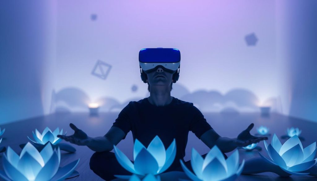 A serene and immersive virtual reality meditation experience. A peaceful, dimly lit space with soft ambient lighting, calming blue and purple hues. Holographic lotus flowers gently floating in the foreground, their petals subtly shifting and pulsing. In the middle ground, a user wearing a high-quality VR headset, their expression tranquil as they drift into a deep meditative state. The background features a minimalist, futuristic landscape with floating geometric shapes and soft, atmospheric particles drifting through the air, creating a sense of weightlessness and tranquility. Overall, a visually compelling and technologically advanced wellness experience.