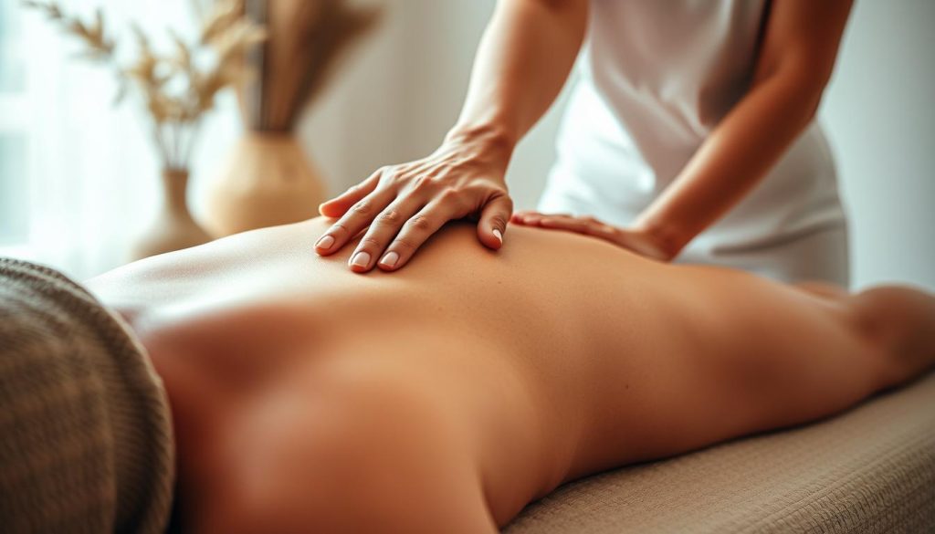 A serene and intimate scene of a deep tissue massage session, capturing the therapeutic essence of the practice. A tranquil setting with soft lighting, natural textures, and a sense of calm relaxation. The masseuse's skilled hands gently kneading into the recipient's back, working to release deep-seated tension and restore balance. The focus is on the therapist's technique, the client's comfort, and the restorative process unfolding. The overall mood is one of restorative healing, with a sense of care and attention to detail.