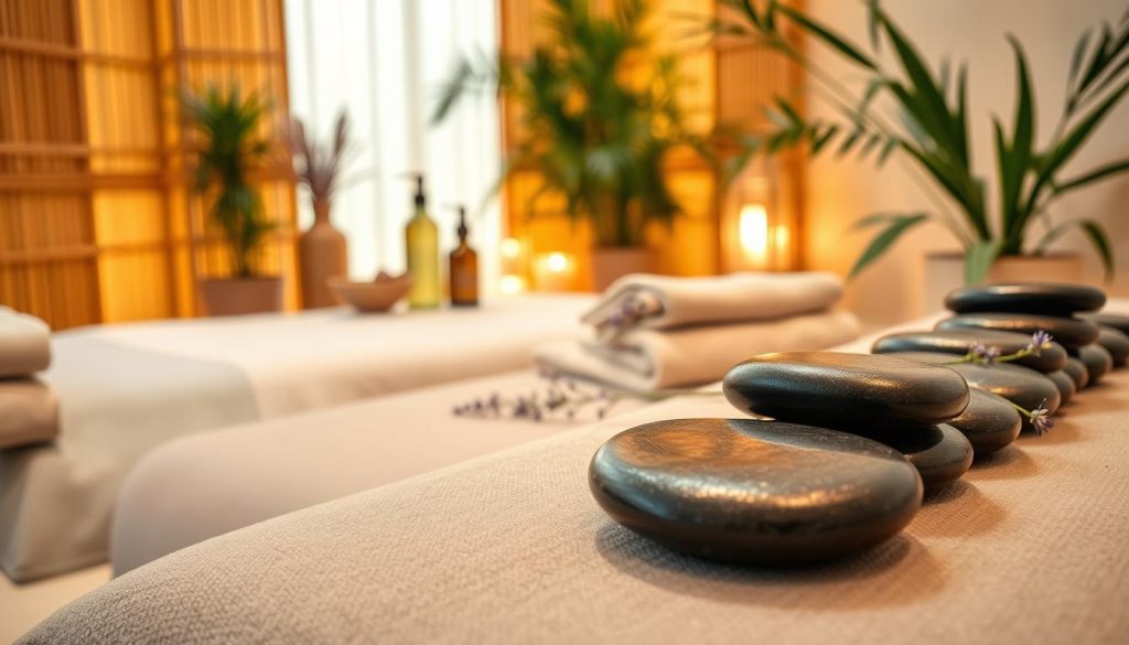 A serene and inviting atmosphere for a warm stone massage therapy setting. In the foreground, a smooth stone massage table with polished basalt stones arranged neatly, emitting gentle heat. The middle ground features soft, textured towels in calming earth tones, hinting at relaxation. Evoke the essence of aromatherapy with elegant glass bottles of essential oils displayed nearby, surrounded by delicate sprigs of lavender and eucalyptus. The background shows a softly lit, tranquil spa room with warm, ambient lighting, featuring bamboo accents and plush plants for a nature-inspired touch. The mood is peaceful and rejuvenating, inviting viewers to experience the harmony of relaxation techniques in an upscale spa environment.