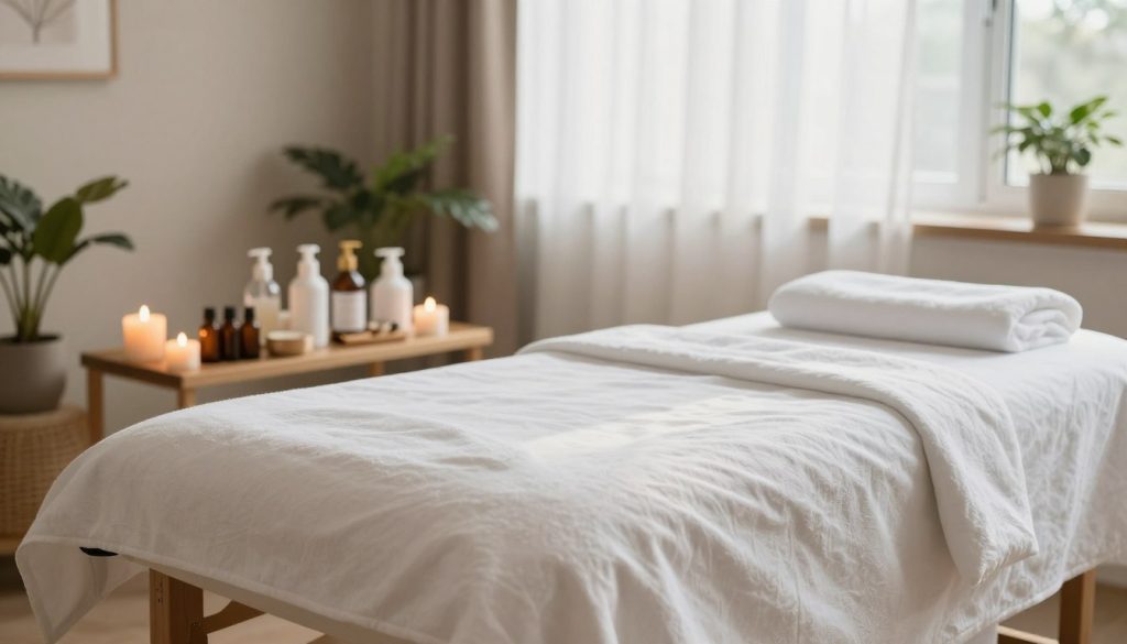 A serene and inviting home massage setting, focusing on an elegantly arranged massage table in the foreground, draped in soft, clean linens. Surrounding the table, essential oils and calming candles create a soothing atmosphere. In the middle ground, a variety of hygienic tools and products are neatly organized, emphasizing safety and cleanliness. The background features a softly lit room with neutral tones, adorned with plants for a touch of nature. Natural light streams in through sheer curtains, casting gentle shadows and enhancing the tranquil mood. The overall ambiance conveys a sense of professionalism, trust, and adherence to high hygiene standards, ideal for illustrating massage service in Istanbul. Ensure the composition is clear and focused without any human presence or text.