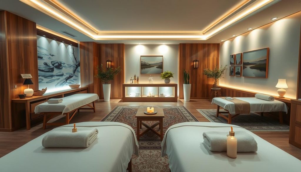A serene and inviting interior of a traditional Turkish massage center, showcasing a calming atmosphere. In the foreground, elegant massage tables are arranged with soft towels and aromatic oils, highlighting wellbeing and relaxation. In the middle ground, ambient lighting casts a warm glow, enhancing the soothing colors of rich wood and soft textiles. Luxurious decor, such as intricately patterned rugs and subtle wall art emphasizing tranquility, fills the space. The background features softly flowing water elements or gentle greenery, creating a peaceful backdrop. The overall mood is one of professionalism and comfort, aiming to evoke a sense of trust and satisfaction in the spa experience. The angle is slightly elevated, providing a comprehensive view of the inviting setup. A serene and inviting interior of a traditional Turkish massage center, showcasing a calming atmosphere. In the foreground, elegant massage tables are arranged with soft towels and aromatic oils, highlighting wellbeing and relaxation. In the middle ground, ambient lighting casts a warm glow, enhancing the soothing colors of rich wood and soft textiles. Luxurious decor, such as intricately patterned rugs and subtle wall art emphasizing tranquility, fills the space. The background features softly flowing water elements or gentle greenery, creating a peaceful backdrop. The overall mood is one of professionalism and comfort, aiming to evoke a sense of trust and satisfaction in the spa experience. The angle is slightly elevated, providing a comprehensive view of the inviting setup.