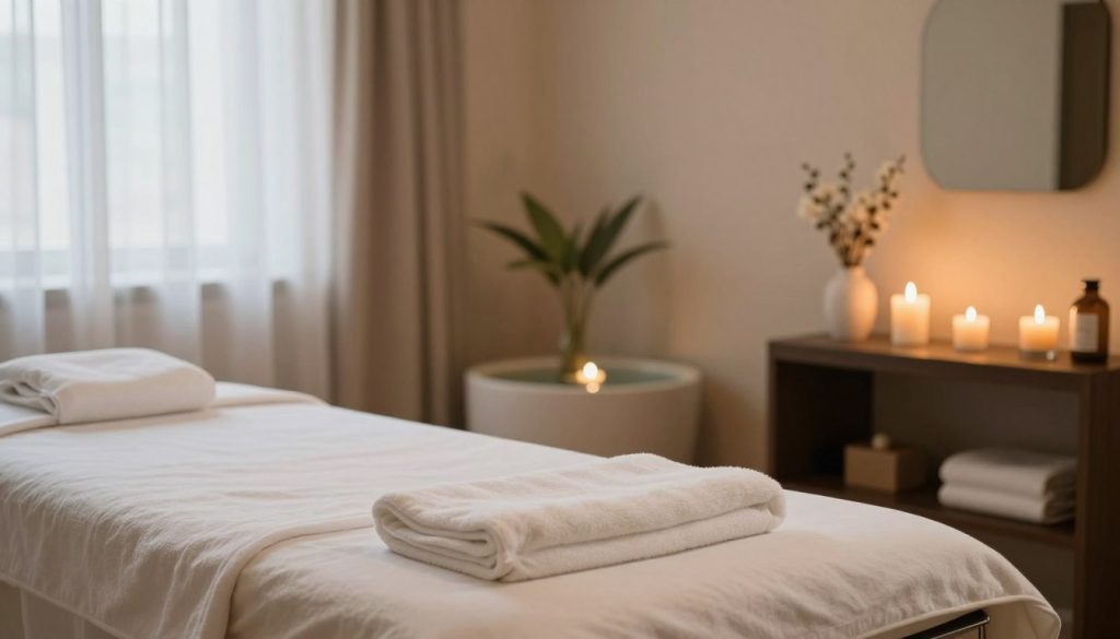 A serene and inviting massage parlor setting in Istanbul, featuring a beautifully arranged treatment room with soft, ambient lighting. The foreground shows a neatly made massage table with fluffy, white towels and relaxing scented candles. In the middle, a subtle decorative water feature adds a calming effect, while fragrant plants create a tranquil atmosphere. The background features soft, draped curtains that gently filter natural light, casting a warm glow. The overall mood is peaceful and professional, emphasizing relaxation and self-care. The image should evoke a sense of comfort and attention to detail, ideal for those seeking a quality massage experience. A serene and inviting massage parlor setting in Istanbul, featuring a beautifully arranged treatment room with soft, ambient lighting. The foreground shows a neatly made massage table with fluffy, white towels and relaxing scented candles. In the middle, a subtle decorative water feature adds a calming effect, while fragrant plants create a tranquil atmosphere. The background features soft, draped curtains that gently filter natural light, casting a warm glow. The overall mood is peaceful and professional, emphasizing relaxation and self-care. The image should evoke a sense of comfort and attention to detail, ideal for those seeking a quality massage experience.
