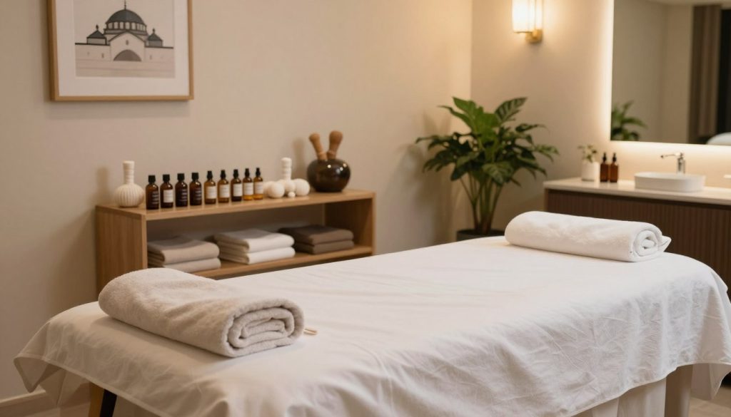 A serene and inviting massage room in Istanbul, emphasizing safety and hygiene standards. The foreground features a neatly made massage table with fresh white linens and soft, neutral-colored towels. In the middle, a well-organized shelf displays essential oils and clean massage tools, showcasing the importance of cleanliness. The background shows elegant décor, such as calming wall art, indoor plants, and soft lighting that creates a tranquil atmosphere. The lighting is warm and diffuse, casting gentle shadows to enhance relaxation. The overall mood is peaceful and professional, reflecting a commitment to hygiene and customer safety in service. The image captures the essence of a luxurious yet hygienic massage experience in Istanbul. A serene and inviting massage room in Istanbul, emphasizing safety and hygiene standards. The foreground features a neatly made massage table with fresh white linens and soft, neutral-colored towels. In the middle, a well-organized shelf displays essential oils and clean massage tools, showcasing the importance of cleanliness. The background shows elegant décor, such as calming wall art, indoor plants, and soft lighting that creates a tranquil atmosphere. The lighting is warm and diffuse, casting gentle shadows to enhance relaxation. The overall mood is peaceful and professional, reflecting a commitment to hygiene and customer safety in service. The image captures the essence of a luxurious yet hygienic massage experience in Istanbul.