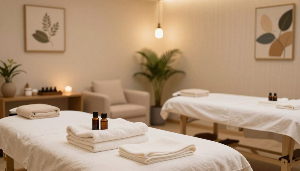 A serene and inviting massage salon interior, featuring soft, ambient lighting that creates a relaxing atmosphere. In the foreground, neatly folded towels and essential oils are arranged on a massage table, showcasing a professional setup. The middle ground includes plush seating areas adorned with calming decor, such as potted plants and artful wall hangings. The background features softly lit treatment rooms with papered walls and calming colors, enhancing the tranquil feel of the space. The overall composition conveys a sense of peace and professionalism, ideal for someone looking to choose the right massage therapy provider. The image should emphasize cleanliness and comfort, with a warm, soothing color palette throughout.