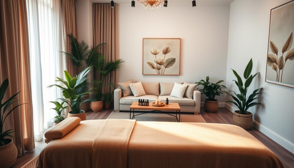 A serene and inviting massage space in a boutique setting, showcasing soft, natural light filtering through large windows adorned with sheer curtains. In the foreground, a beautifully arranged massage table with warm beige linens, surrounded by potted plants and calming essential oils. The middle ground features a cozy seating area with plush cushions and a low, wooden coffee table, inviting relaxation. In the background, soothing wall art depicting abstract forms of nature complements the peaceful atmosphere. The overall mood is tranquil and nurturing, emphasizing the connection between environment and sensory therapy, creating an oasis for slow living in the heart of the city. Capture this scene from a slightly elevated angle to enhance depth and warmth.