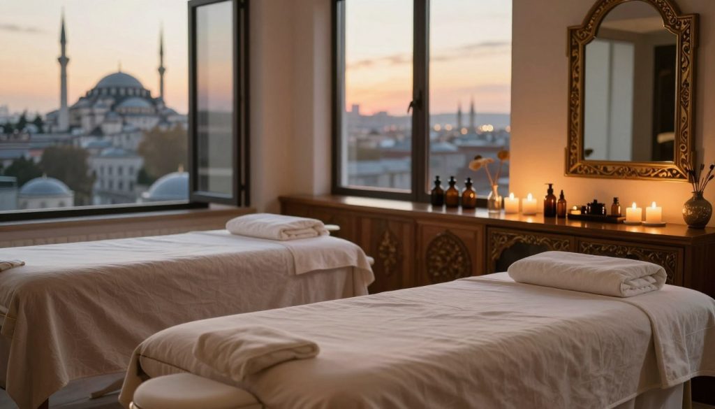 A serene and inviting massage studio set in Istanbul, featuring elegant traditional decor blended with modern ergonomic elements. In the foreground, plush massage tables draped in soft, neutral linens create a calming atmosphere. The middle ground showcases an array of aromatherapy oils and soothing candles, emitting gentle, warm light that reflects off beautifully crafted wooden surfaces. In the background, large windows reveal a picturesque view of iconic Istanbul architecture, bathed in the golden light of a sunset. The overall mood is tranquil and rejuvenating, ideal for long-term residents seeking relaxation and wellness. The scene is rendered with soft focus to enhance the serene vibe, capturing the essence of a peaceful retreat without any human subjects. A serene and inviting massage studio set in Istanbul, featuring elegant traditional decor blended with modern ergonomic elements. In the foreground, plush massage tables draped in soft, neutral linens create a calming atmosphere. The middle ground showcases an array of aromatherapy oils and soothing candles, emitting gentle, warm light that reflects off beautifully crafted wooden surfaces. In the background, large windows reveal a picturesque view of iconic Istanbul architecture, bathed in the golden light of a sunset. The overall mood is tranquil and rejuvenating, ideal for long-term residents seeking relaxation and wellness. The scene is rendered with soft focus to enhance the serene vibe, capturing the essence of a peaceful retreat without any human subjects.