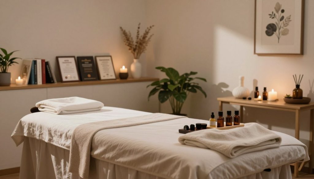 A serene and inviting massage therapy room, designed for relaxation and professionalism. In the foreground, an elegant massage table, adorned with soft, neutral-colored linens. A collection of essential oils and therapeutic tools meticulously arranged nearby, highlighting the expertise and specialization in various techniques. In the middle ground, a shelf lined with books and professional certifications, showcasing the therapist's knowledge and experience in different modalities. The background features soft, diffused lighting, creating a calming atmosphere with gentle shadows that enhance the serene ambiance. Plants and art pieces related to wellness and healing adorn the walls, completing the tranquil scene. A serene and inviting massage therapy room, designed for relaxation and professionalism. In the foreground, an elegant massage table, adorned with soft, neutral-colored linens. A collection of essential oils and therapeutic tools meticulously arranged nearby, highlighting the expertise and specialization in various techniques. In the middle ground, a shelf lined with books and professional certifications, showcasing the therapist's knowledge and experience in different modalities. The background features soft, diffused lighting, creating a calming atmosphere with gentle shadows that enhance the serene ambiance. Plants and art pieces related to wellness and healing adorn the walls, completing the tranquil scene.