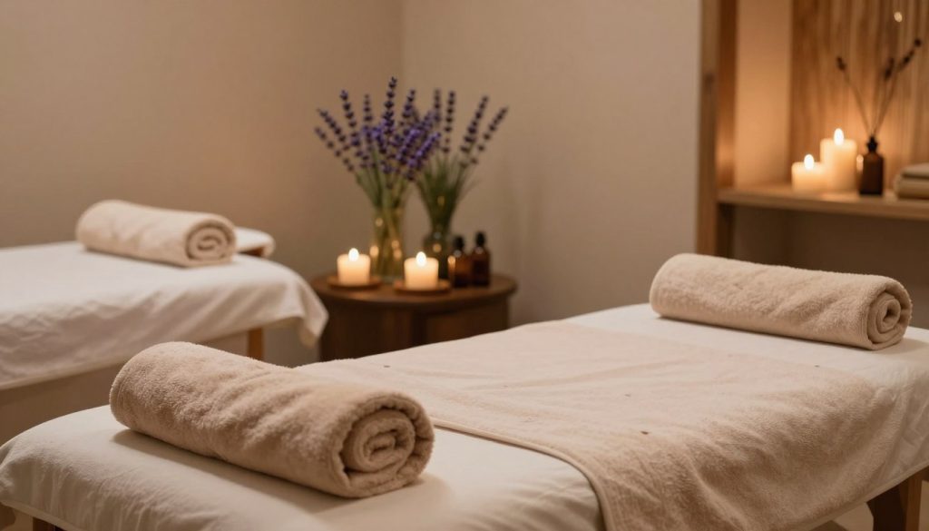 A serene and inviting massage therapy room featuring soothing earth tones and gentle, diffused lighting. In the foreground, a neatly arranged massage table adorned with soft, plush towels and aromatic candles. In the middle, calming lavender plants and essential oil bottles are elegantly arranged on a side table, enhancing the atmosphere of relaxation and trust. The background showcases warm wooden accents and soft textiles, creating a feeling of comfort and professionalism. The overall mood is tranquil, suggesting a safe and nurturing environment for clients. The setting is devoid of any human figures, focusing solely on the calming elements of the space to convey a sense of professional care and serenity.