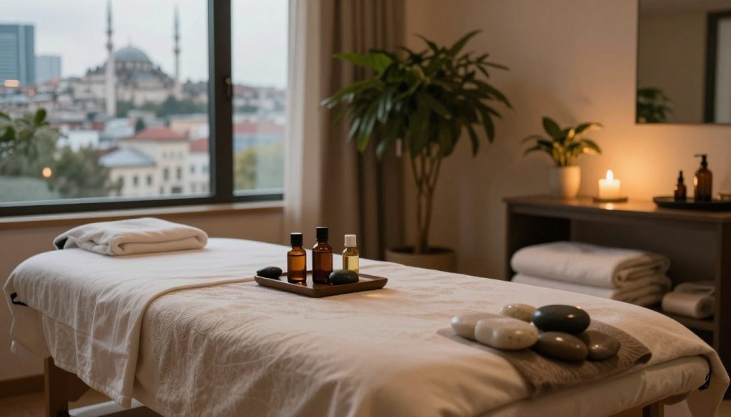 A serene and inviting massage therapy room in Istanbul, focusing on the concept of personalized massage preferences. In the foreground, a beautifully arranged massage table with soft, luxurious linens, surrounded by calming essential oil bottles and smooth, natural stones. The middle features soft, ambient lighting casting a warm glow over the room, with lush indoor plants adding a touch of nature. In the background, large windows reveal a glimpse of the iconic Istanbul skyline, incorporating both modern and historical architecture. The atmosphere is tranquil and relaxing, evoking a sense of peace and well-being, perfect for illustrating the diverse massage experiences that cater to individual needs.