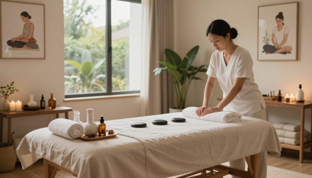 A serene and inviting massage therapy room, showcasing various massage techniques and methods. In the foreground, an elegant wooden massage table draped with soft, neutral-toned linens, surrounded by an array of massage tools such as essential oils, lotions, and heated stones. In the middle ground, a large, tranquil window allows natural light to pour in, illuminating the space and creating a gentle atmosphere. On the walls, tasteful art pieces depicting different massage techniques, such as Swedish, deep tissue, and shiatsu. The background features lush indoor plants that add a touch of nature and tranquility to the environment. The overall mood is calm and inviting, perfect for relaxation and wellness, with warm lighting that enhances the soothing ambiance.