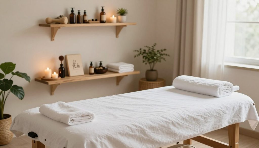 A serene and inviting massage therapy setting, showcasing a tranquil massage room filled with soft, natural light. In the foreground, a neatly arranged massage table with clean linens, essential oils, and soothing elements such as candles and plants, creating a calming atmosphere. The middle background features shelves organized with massage tools, herbal remedies, and wellness books, emphasizing professionalism and expertise in massage therapy. Gentle neutrals and earth tones dominate the color palette, promoting a sense of relaxation. The overall mood is peaceful and restorative, ideally suited for those seeking relief from back pain. The lens captures the scene from a slightly elevated angle, giving a comprehensive view of the therapeutic environment.