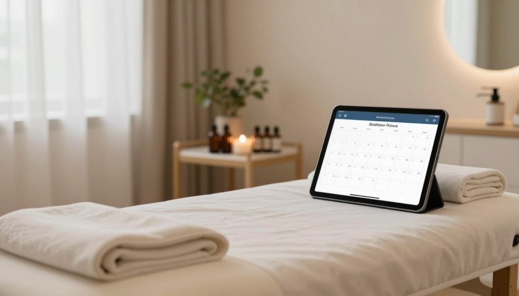 A serene and inviting massage therapy setting that emphasizes convenience and flexibility. In the foreground, a plush massage table adorned with clean linens and essential oils, suggesting a professional yet cozy atmosphere. In the middle, a well-organized space with advanced scheduling tools like a digital tablet displaying a calendar filled with available appointment slots. Soft, warm lighting bathes the room, creating a relaxing ambiance. In the background, gentle greenery hints at tranquility, with sheer curtains allowing natural light to filter through. The scene is composed with a soft focus on the table and scheduling tools, highlighting the accessibility of freelance therapy services in contrast to corporate salons. The mood is calming and reassuring, ideal for showcasing the convenience of freelance massage therapy. A serene and inviting massage therapy setting that emphasizes convenience and flexibility. In the foreground, a plush massage table adorned with clean linens and essential oils, suggesting a professional yet cozy atmosphere. In the middle, a well-organized space with advanced scheduling tools like a digital tablet displaying a calendar filled with available appointment slots. Soft, warm lighting bathes the room, creating a relaxing ambiance. In the background, gentle greenery hints at tranquility, with sheer curtains allowing natural light to filter through. The scene is composed with a soft focus on the table and scheduling tools, highlighting the accessibility of freelance therapy services in contrast to corporate salons. The mood is calming and reassuring, ideal for showcasing the convenience of freelance massage therapy.