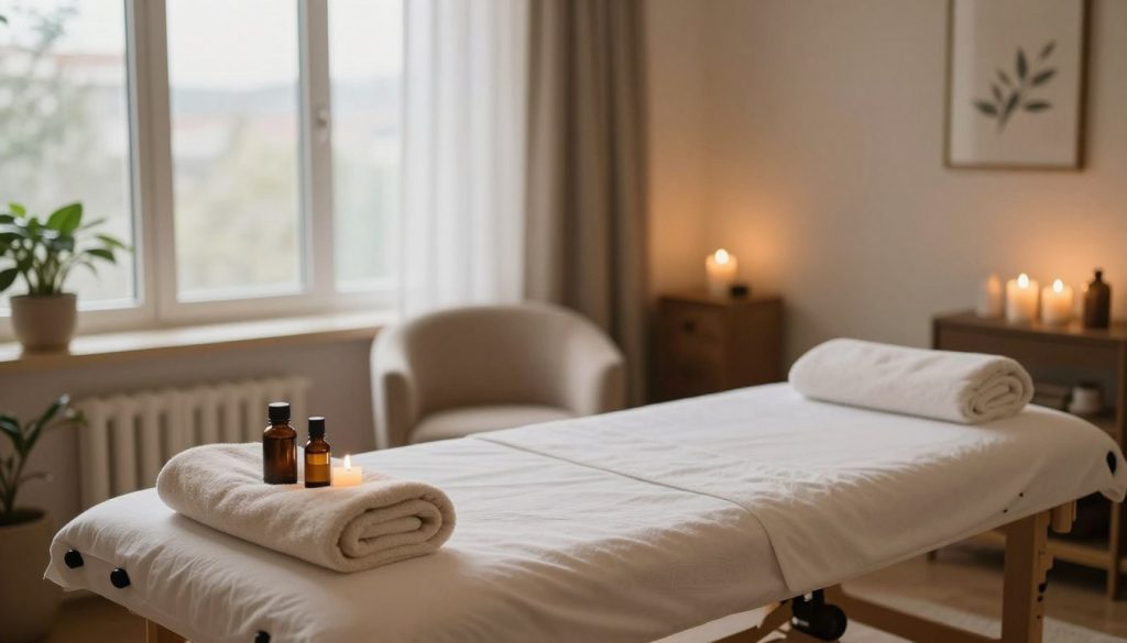 A serene and inviting massage therapy space inspired by Beşiktaş, featuring a cozy treatment room with warm, ambient lighting. In the foreground, there is a neatly made massage table with soft towels and calming essential oils arranged elegantly beside it. In the middle ground, a comfortable chair and soothing decor, such as plants and candles, create a tranquil atmosphere. In the background, large windows allow soft, natural light to fill the room, casting gentle shadows. The overall mood is one of relaxation and trust, embodying the essence of reliable customer experiences through peaceful and inviting elements, without any human presence. The composition captures the essence of a client-focused environment where authentic experiences are cherished.