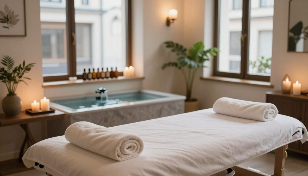 A serene and inviting massage therapy space set in a stylish Istanbul boutique. In the foreground, an elegant massage table with soft, fluffy towels neatly arranged, surrounded by soothing decor like candles and plants. In the middle, a tranquil water feature and a selection of aromatic oils on a nearby shelf, emphasizing relaxation and wellness. The background showcases large windows with natural light streaming in, casting a warm glow across the room. The atmosphere is calm and peaceful, perfect for health and relaxation. The overall composition should convey professionalism and serenity, ideal for highlighting the expertise of a professional massage therapist in Istanbul. The image should have soft lighting and a gentle focus, capturing the essence of therapeutic comfort. A serene and inviting massage therapy space set in a stylish Istanbul boutique. In the foreground, an elegant massage table with soft, fluffy towels neatly arranged, surrounded by soothing decor like candles and plants. In the middle, a tranquil water feature and a selection of aromatic oils on a nearby shelf, emphasizing relaxation and wellness. The background showcases large windows with natural light streaming in, casting a warm glow across the room. The atmosphere is calm and peaceful, perfect for health and relaxation. The overall composition should convey professionalism and serenity, ideal for highlighting the expertise of a professional massage therapist in Istanbul. The image should have soft lighting and a gentle focus, capturing the essence of therapeutic comfort.