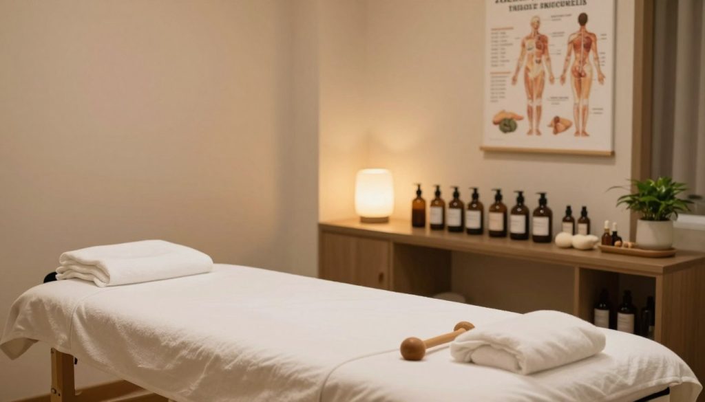 A serene and inviting medical massage therapy environment, featuring an elegant treatment room setup. In the foreground, a massage table is draped with clean, soft linens, surrounded by various massage oils and professional massage tools meticulously arranged. In the middle ground, a shelf displays herbal remedies and supportive anatomy charts illustrating various massage techniques. The background features calming wall colors and soft, ambient lighting that creates a tranquil atmosphere. A subtle hint of greenery from potted plants enhances the relaxing vibe. The focus is on showcasing professionalism and serenity, evoking a sense of wellness and healing associated with medical massage practices. The overall mood is peaceful and restorative, emphasizing comfort and care in therapy. A serene and inviting medical massage therapy environment, featuring an elegant treatment room setup. In the foreground, a massage table is draped with clean, soft linens, surrounded by various massage oils and professional massage tools meticulously arranged. In the middle ground, a shelf displays herbal remedies and supportive anatomy charts illustrating various massage techniques. The background features calming wall colors and soft, ambient lighting that creates a tranquil atmosphere. A subtle hint of greenery from potted plants enhances the relaxing vibe. The focus is on showcasing professionalism and serenity, evoking a sense of wellness and healing associated with medical massage practices. The overall mood is peaceful and restorative, emphasizing comfort and care in therapy.