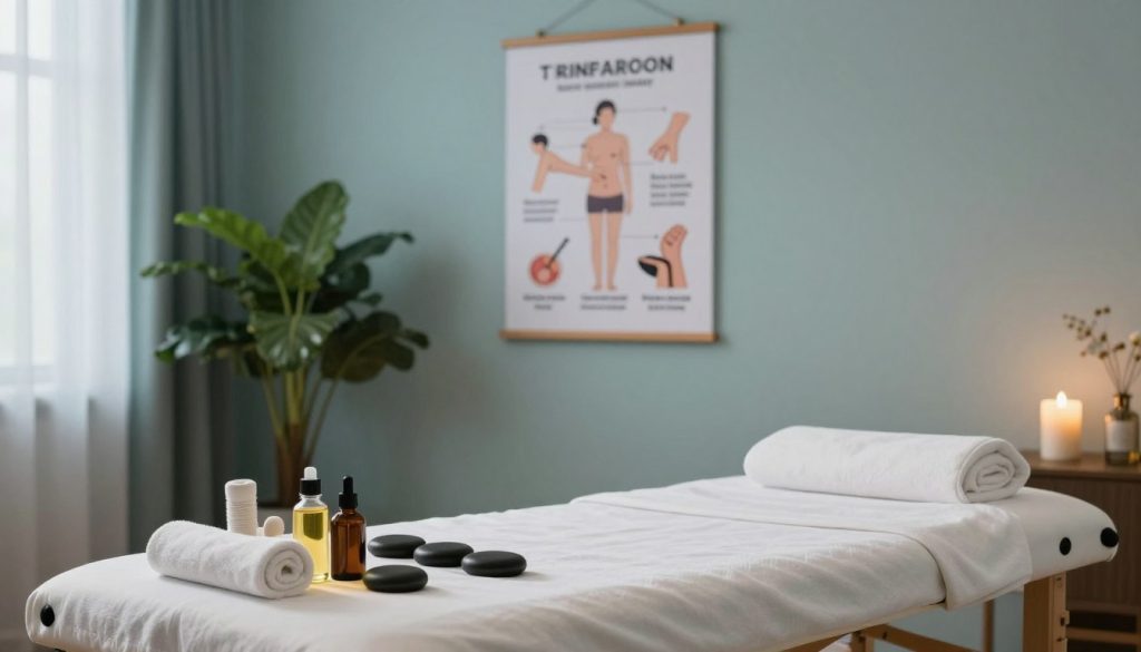 A serene and inviting medical massage therapy room, featuring a massage table in the center, surrounded by soft, ambient lighting that creates a calming atmosphere. In the foreground, a neatly arranged set of massage tools, such as oil bottles, hot stones, and towels, indicating various techniques. In the middle, a detailed poster on the wall showcasing different medical massage techniques, like trigger point therapy, deep tissue, and myofascial release, depicted through illustrations. The background includes a potted plant adding a touch of nature, and calming colors like soft blues and greens throughout the space. The overall mood is tranquil and therapeutic, suitable for illustrating the nuances of medical massage techniques and their varieties.