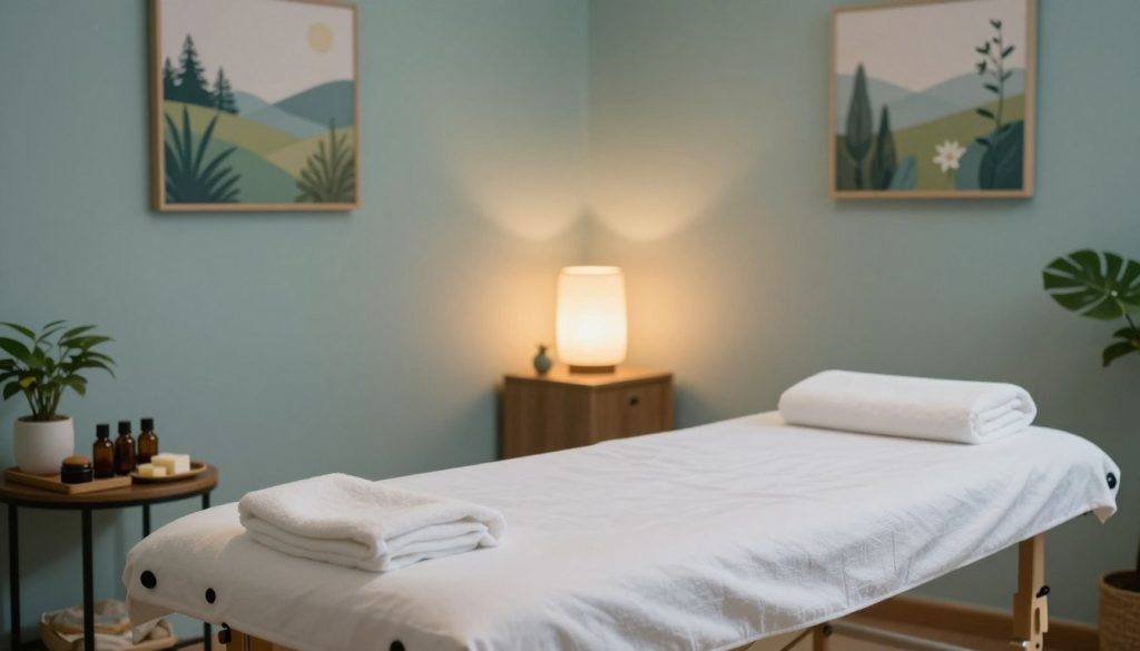 A serene and inviting medical massage therapy room, showcasing a professional therapeutic environment. In the foreground, a well-organized massage table draped with clean white linen, next to it a small side table with essential oils and natural balms. In the middle ground, a softly glowing lamp emits warm light, creating a tranquil atmosphere, while wall art depicting calming nature scenes enhances the ambiance. The background features a soothing color palette of soft blues and greens, with plants adorning the corners, contributing to the peaceful vibe. The overall lighting should be gentle and warm, using a soft focus effect, conveying the importance of relaxation and healing in Istanbul's medical massage services. A serene and inviting medical massage therapy room, showcasing a professional therapeutic environment. In the foreground, a well-organized massage table draped with clean white linen, next to it a small side table with essential oils and natural balms. In the middle ground, a softly glowing lamp emits warm light, creating a tranquil atmosphere, while wall art depicting calming nature scenes enhances the ambiance. The background features a soothing color palette of soft blues and greens, with plants adorning the corners, contributing to the peaceful vibe. The overall lighting should be gentle and warm, using a soft focus effect, conveying the importance of relaxation and healing in Istanbul's medical massage services.