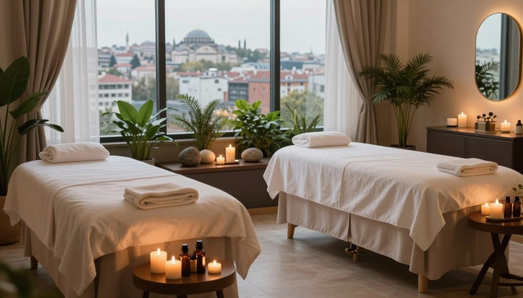A serene and inviting spa environment designed for couples, featuring two elegantly arranged massage tables surrounded by soft, ambient lighting. In the foreground, set a calming array of essential oils and candles, creating a tranquil atmosphere. The middle layer showcases lush green plants and soothing stone decorations that enhance relaxation. The background reveals large windows with soft drapes letting in gentle natural light, overlooking a beautiful urban landscape of Istanbul, hinting at the city outside. The overall mood is peaceful and romantic, inviting couples to indulge in a luxurious spa experience. The scene is devoid of people, emphasizing the tranquil space while maintaining an intimate feel. A serene and inviting spa environment designed for couples, featuring two elegantly arranged massage tables surrounded by soft, ambient lighting. In the foreground, set a calming array of essential oils and candles, creating a tranquil atmosphere. The middle layer showcases lush green plants and soothing stone decorations that enhance relaxation. The background reveals large windows with soft drapes letting in gentle natural light, overlooking a beautiful urban landscape of Istanbul, hinting at the city outside. The overall mood is peaceful and romantic, inviting couples to indulge in a luxurious spa experience. The scene is devoid of people, emphasizing the tranquil space while maintaining an intimate feel.