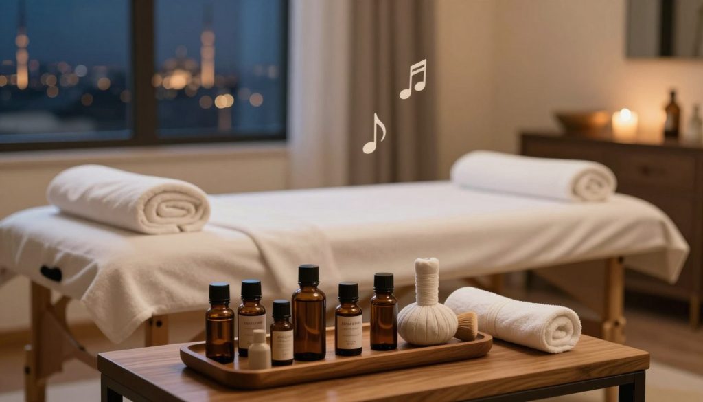 A serene and inviting spa environment, featuring a tranquil massage room with soft lighting. In the foreground, a neatly arranged set of essential oils and massage tools is displayed on a wooden table, emphasizing the importance of quality in service selection. The middle ground showcases a plush massage table adorned with fresh towels, while soft music notes subtly drift through the air, enhancing the calming atmosphere. In the background, a softly lit window reveals the night skyline of Istanbul, casting a gentle glow that complements the relaxing vibe. The overall mood should evoke a sense of peace and professionalism, making it clear that selecting the right service is essential for a soothing experience.