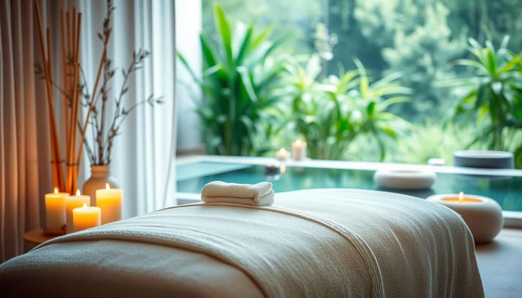 A serene and inviting spa environment showcasing elements of trust and customer experience. In the foreground, a beautifully arranged treatment room featuring soft, natural materials like bamboo and linen, with delicate candles casting a warm glow. The middle ground shows a well-prepared massage table adorned with plush towels, indicating care and attention to detail. In the background, ethereal greenery and calming water elements create a peaceful atmosphere, symbolizing relaxation and privacy. Soft, diffused lighting enhances the tranquil mood, evoking feelings of comfort and safety. The overall scene embodies the essence of personalized service and ethical practice without any humans, focusing solely on the harmonious setting.