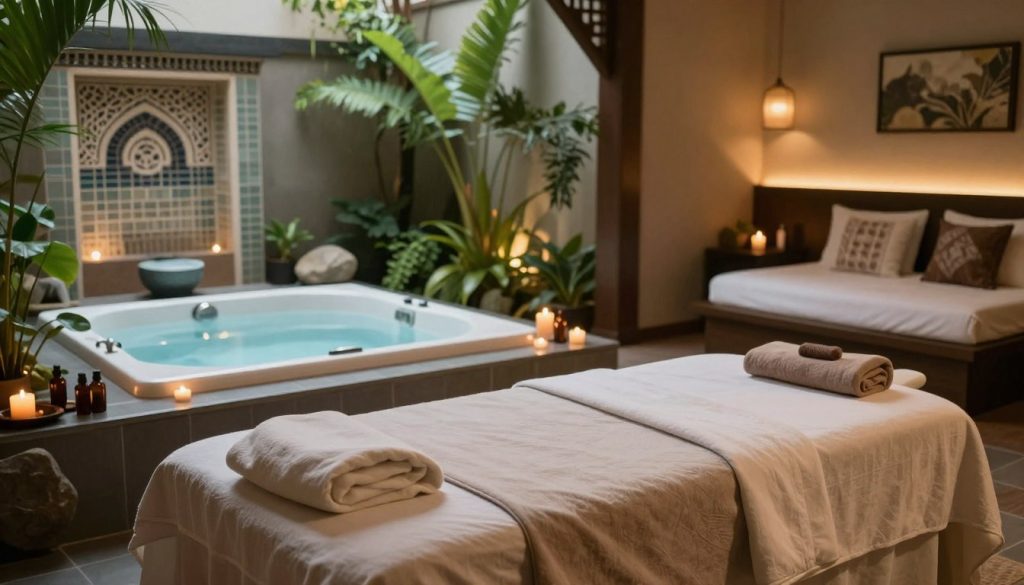 A serene and inviting spa environment showcasing various massage settings. In the foreground, a beautifully arranged massage table adorned with soft, neutral-colored linens, surrounded by calming candles and essential oil bottles. The middle of the scene features a lush, tranquil spa room with soothing greenery and stone elements, highlighting a luxurious hot tub and a tranquil water feature. In the background, an elegant hammam with intricate tilework and soft, ambient lighting, alongside a cozy hotel room with plush bedding and decorative pillows. The atmosphere is calm and relaxing, with gentle, natural lighting enhancing the peaceful ambiance. The image should evoke a sense of wellness and tranquility without any human figures or text. A serene and inviting spa environment showcasing various massage settings. In the foreground, a beautifully arranged massage table adorned with soft, neutral-colored linens, surrounded by calming candles and essential oil bottles. The middle of the scene features a lush, tranquil spa room with soothing greenery and stone elements, highlighting a luxurious hot tub and a tranquil water feature. In the background, an elegant hammam with intricate tilework and soft, ambient lighting, alongside a cozy hotel room with plush bedding and decorative pillows. The atmosphere is calm and relaxing, with gentle, natural lighting enhancing the peaceful ambiance. The image should evoke a sense of wellness and tranquility without any human figures or text.