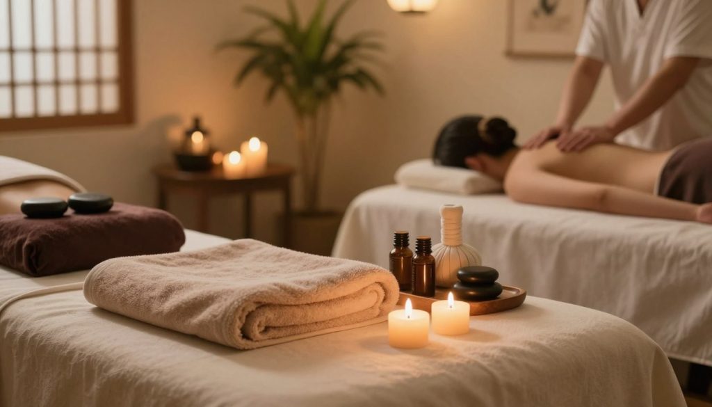 A serene and inviting spa environment showcasing various massage types. In the foreground, a massage table set with soft towels and aromatic candles, reflecting a tranquil atmosphere. In the middle ground, an array of essential oils and massage stones, emphasizing both traditional and modern techniques. Background features a softly lit room with calming colors, plants, and soothing artwork that enhances relaxation. The lighting is warm and gentle, creating a peaceful ambiance that invites couples seeking rejuvenation. The composition captures the essence of wellness, balancing traditional charm with contemporary elegance. Focus on textures and natural elements to evoke a spa-like serenity, devoid of any human presence. A serene and inviting spa environment showcasing various massage types. In the foreground, a massage table set with soft towels and aromatic candles, reflecting a tranquil atmosphere. In the middle ground, an array of essential oils and massage stones, emphasizing both traditional and modern techniques. Background features a softly lit room with calming colors, plants, and soothing artwork that enhances relaxation. The lighting is warm and gentle, creating a peaceful ambiance that invites couples seeking rejuvenation. The composition captures the essence of wellness, balancing traditional charm with contemporary elegance. Focus on textures and natural elements to evoke a spa-like serenity, devoid of any human presence.