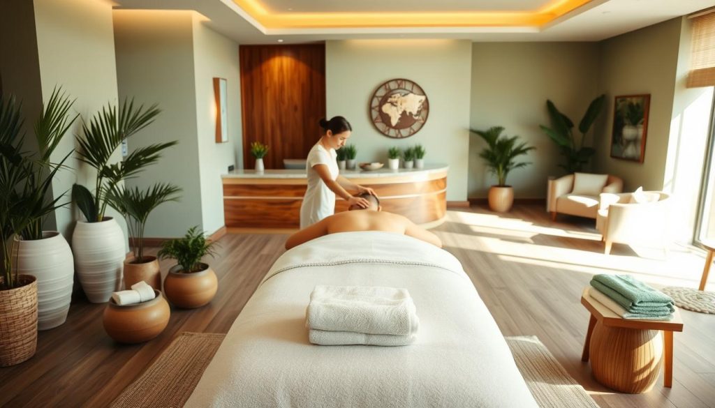A serene and inviting spa interior, featuring a soothing color palette of muted greens and earth tones. The scene is bathed in warm, natural lighting, creating a calming ambiance. In the foreground, a luxurious massage table takes center stage, surrounded by carefully placed decor elements such as potted plants and plush towels. The middle ground showcases the expertise of the spa's therapists, with their hands delicately working on a client's back, providing a rejuvenating experience. The background is adorned with high-end furnishings, including a wooden reception desk and comfortable seating areas, conveying a sense of professionalism and attention to detail. The overall atmosphere exudes tranquility, cleanliness, and the promise of a rejuvenating, hygienic spa experience.