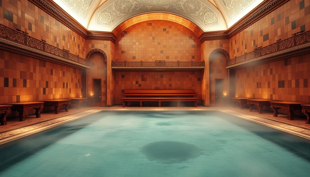 A serene and inviting spa sauna hamam scene. In the foreground, a tranquil pool of steaming water, surrounded by intricate mosaic tiles in warm hues. Soft, diffused lighting casts a soothing glow, creating an atmosphere of relaxation. In the middle ground, ornate wooden benches line the walls, inviting visitors to unwind. The background features high, domed ceilings adorned with delicate arabesque patterns, conveying a sense of timeless elegance. The air is filled with the aromatic scent of eucalyptus, further enhancing the restorative experience. This inviting sanctuary offers a perfect escape from the stresses of daily life, transporting the viewer to a realm of rejuvenation and serenity.