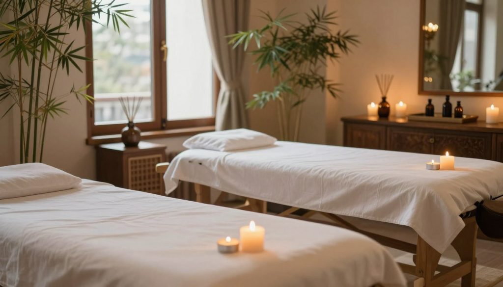 A serene and inviting spa scene depicting the massage trends of Kadıköy Moda and the Anatolian side of Istanbul. In the foreground, there are soft mattresses adorned with plush white linens, surrounded by candles flickering gently. The middle ground features an elegant massage table, with calming essential oils and aromatic diffusers, while natural bamboo plants lend a touch of tranquility. The background showcases a softly lit room with warm earth tones, wooden accents, and large windows allowing natural light to filter in, creating a peaceful ambiance. The overall atmosphere is soothing and relaxing, evoking a sense of wellness and rejuvenation. The lighting is warm and inviting, suggesting a perfect weekend retreat. A serene and inviting spa scene depicting the massage trends of Kadıköy Moda and the Anatolian side of Istanbul. In the foreground, there are soft mattresses adorned with plush white linens, surrounded by candles flickering gently. The middle ground features an elegant massage table, with calming essential oils and aromatic diffusers, while natural bamboo plants lend a touch of tranquility. The background showcases a softly lit room with warm earth tones, wooden accents, and large windows allowing natural light to filter in, creating a peaceful ambiance. The overall atmosphere is soothing and relaxing, evoking a sense of wellness and rejuvenation. The lighting is warm and inviting, suggesting a perfect weekend retreat.