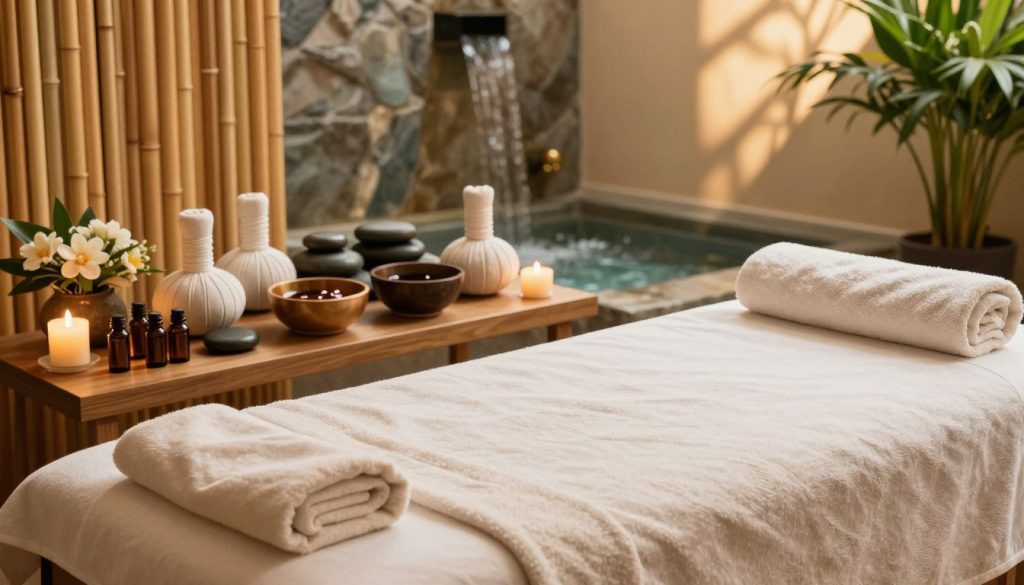 A serene and inviting spa setting featuring a variety of massage equipment and essential oils. In the foreground, a beautifully arranged massage table with plush linens and fragrant candles. The middle ground shows an array of massage tools, including smooth stones, bowls of aromatic oils, and fresh flower arrangements, emphasizing relaxation and rejuvenation. The background features a calming waterfall, soft lighting cast through bamboo curtains, and green plants for a touch of nature. The atmosphere is tranquil and soothing, ideal for a rejuvenating experience. The lens captures a warm and harmonious color palette, creating an inviting space that embodies the essence of a full massage package in a professional spa environment. A serene and inviting spa setting featuring a variety of massage equipment and essential oils. In the foreground, a beautifully arranged massage table with plush linens and fragrant candles. The middle ground shows an array of massage tools, including smooth stones, bowls of aromatic oils, and fresh flower arrangements, emphasizing relaxation and rejuvenation. The background features a calming waterfall, soft lighting cast through bamboo curtains, and green plants for a touch of nature. The atmosphere is tranquil and soothing, ideal for a rejuvenating experience. The lens captures a warm and harmonious color palette, creating an inviting space that embodies the essence of a full massage package in a professional spa environment.