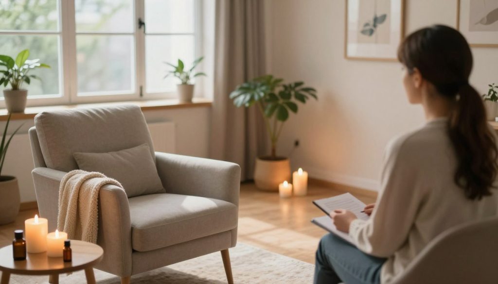 A serene and inviting therapy room showcasing effective communication between a therapist and client. In the foreground, a comfortable therapy chair with soft cushions and a cozy blanket, while a soothing table nearby holds candles and calming essential oils. The middle ground features a warm, well-lit space with calming colors on the walls, adorned with plants and artwork that inspire tranquility. In the background, large windows let in natural light, creating a peaceful atmosphere. The scene is imbued with a sense of professionalism, warmth, and open communication. Soft glows from the candles create gentle shadows, enhancing the inviting mood. Capture this from a slightly elevated angle to show the room's layout and inviting ambiance. A serene and inviting therapy room showcasing effective communication between a therapist and client. In the foreground, a comfortable therapy chair with soft cushions and a cozy blanket, while a soothing table nearby holds candles and calming essential oils. The middle ground features a warm, well-lit space with calming colors on the walls, adorned with plants and artwork that inspire tranquility. In the background, large windows let in natural light, creating a peaceful atmosphere. The scene is imbued with a sense of professionalism, warmth, and open communication. Soft glows from the candles create gentle shadows, enhancing the inviting mood. Capture this from a slightly elevated angle to show the room's layout and inviting ambiance.