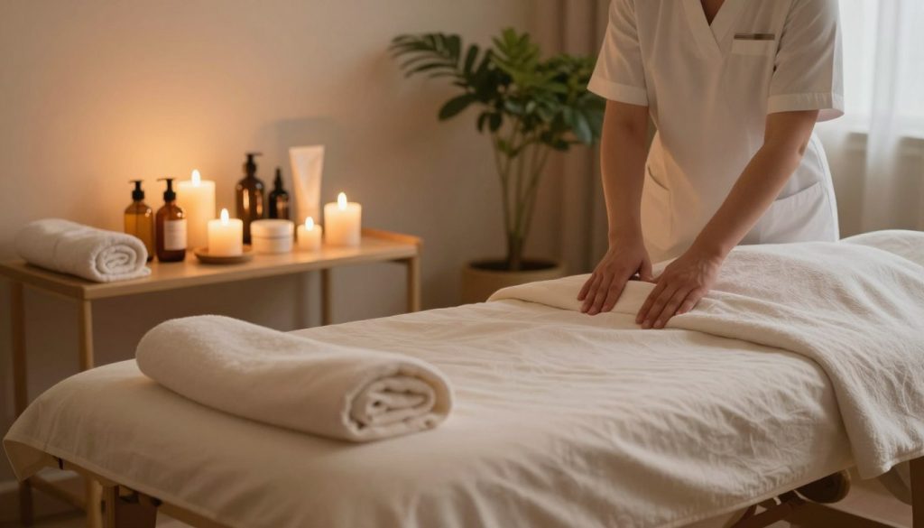 A serene and inviting treatment room focused on the practice of perineal massage. In the foreground, an elegant massage table draped in soft linens, surrounded by calming candles gently flickering, casting warm light. The middle layer features an array of natural oils and soothing creams neatly arranged on a small table, with a plush towel ready for use. In the background, soft green plants add a touch of nature, enhancing the tranquil ambiance. The lighting should be soft and warm, creating an atmosphere of relaxation and comfort. The overall mood is peaceful and professional, reflecting the therapeutic aspects of the practice while ensuring a safe and welcoming environment.