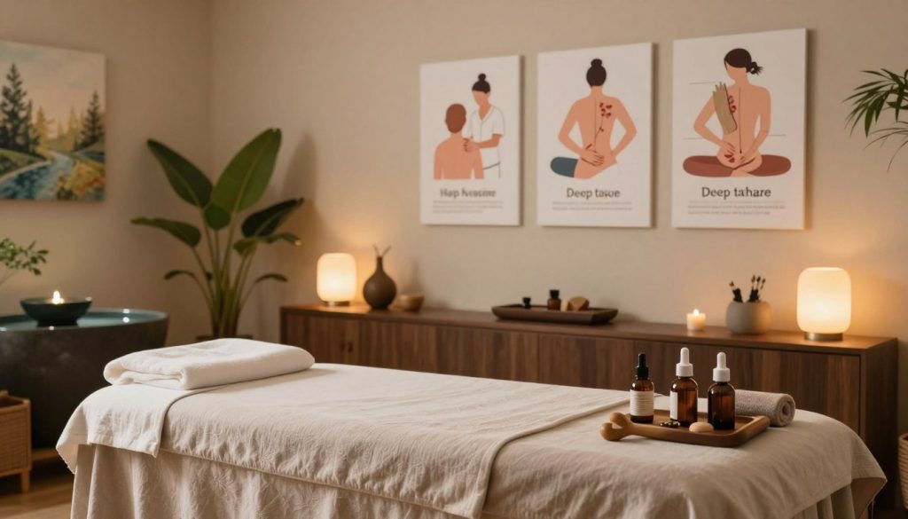 A serene and inviting wellness room illustrating various types of massage therapy and their applications. In the foreground, display a massage table adorned with soft, neutral linens and a selection of professional massage oils and tools. In the middle, showcase visual representations of different massage techniques, such as Swedish, deep tissue, and aromatherapy—perhaps depicted as illustrated guides or diagrams on the wall. In the background, create an ambiance with warm, soft lighting emanating from strategically placed lamps, lush indoor plants, and calming decor elements like tranquil water features or paintings of nature. The atmosphere feels peaceful and relaxing, ideal for a therapeutic environment. The color palette should include shades of earth tones and pastels, evoking a sense of tranquility and wellness. A serene and inviting wellness room illustrating various types of massage therapy and their applications. In the foreground, display a massage table adorned with soft, neutral linens and a selection of professional massage oils and tools. In the middle, showcase visual representations of different massage techniques, such as Swedish, deep tissue, and aromatherapy—perhaps depicted as illustrated guides or diagrams on the wall. In the background, create an ambiance with warm, soft lighting emanating from strategically placed lamps, lush indoor plants, and calming decor elements like tranquil water features or paintings of nature. The atmosphere feels peaceful and relaxing, ideal for a therapeutic environment. The color palette should include shades of earth tones and pastels, evoking a sense of tranquility and wellness.