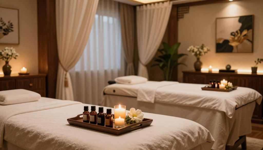 A serene and luxurious VIP massage salon interior, showcasing an elegant treatment room featuring plush massage tables, soft ambient lighting, and rich wooden elements. In the foreground, a beautifully arranged tray with essential oils, candles, and fresh flowers highlights the personalized touch of the service. The middle layer incorporates softly draped curtains, creating a sense of privacy and exclusivity, with calming colors that enhance the relaxing atmosphere. In the background, soft-focus images of decorative plants and art pieces add warmth to the space, contributing to an ambiance of tranquility and indulgence. The overall mood is one of opulence and refinement, inviting clients to experience a tranquil escape. The lighting is warm and gentle, creating an inviting glow that enhances the luxurious feel of the salon.