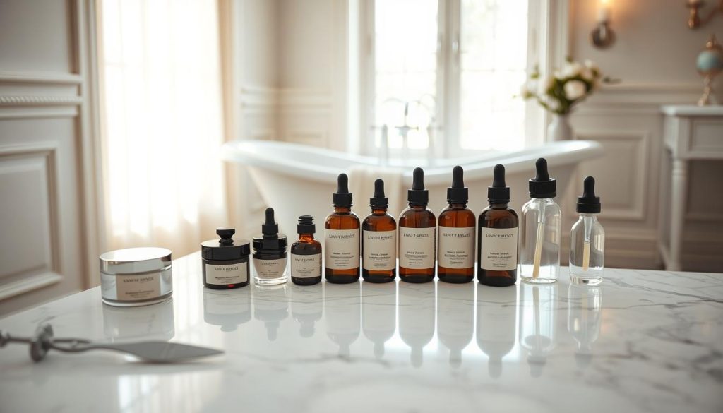 A serene and luxurious bathroom setting, with a marble vanity top and a clawfoot bathtub in the background. On the vanity, various skincare products are artfully arranged, including jars of face creams, bottles of serums, and glass droppers. Soft, natural lighting filters in through a large window, casting a warm glow on the scene. The atmosphere is calming and inviting, evoking a sense of self-care and relaxation. The overall impression is one of a peaceful, indulgent home spa experience.