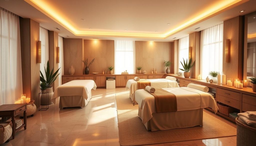 A serene and luxurious spa setting, bathed in warm lighting and filled with the soothing aroma of essential oils. A spacious and elegantly designed treatment room, with plush massage tables draped in soft, high-quality linens. Strategically placed decorative elements, such as potted plants, candles, and natural stone accents, create a tranquil and inviting ambiance. Soft, diffused lighting casts a gentle glow, while large windows allow natural daylight to filter in, enhancing the overall sense of calm and relaxation. The room is impeccably clean, with a focus on attention to detail and high-end finishes, conveying a true sense of luxury and quality.