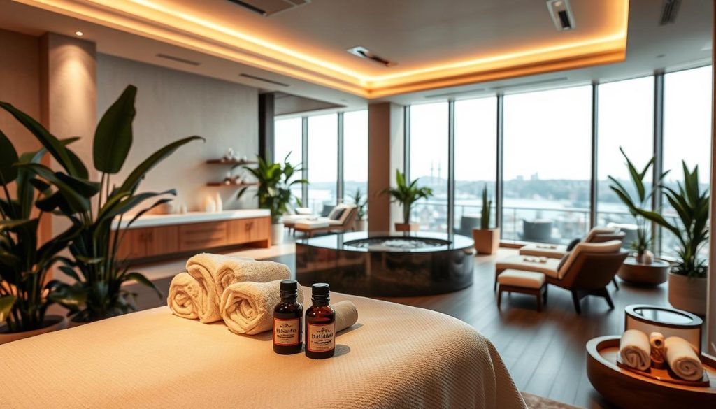 A serene and luxurious spa setting in Istanbul, featuring a spacious modern interior with soft, ambient lighting that creates a calming atmosphere. In the foreground, a beautifully arranged massage table with fluffy towels and aromatic essential oils, surrounded by lush indoor plants. The middle ground showcases elegant decor with wooden accents, water features, and comfortable seating areas designed for relaxation. The background presents large windows that allow natural light to flood in, revealing a picturesque view of Istanbul’s skyline. The overall mood is tranquil and inviting, perfect for a wellness retreat experience, emphasizing relaxation and rejuvenation. No humans are present in the scene, and there are no text elements or distractions. A serene and luxurious spa setting in Istanbul, featuring a spacious modern interior with soft, ambient lighting that creates a calming atmosphere. In the foreground, a beautifully arranged massage table with fluffy towels and aromatic essential oils, surrounded by lush indoor plants. The middle ground showcases elegant decor with wooden accents, water features, and comfortable seating areas designed for relaxation. The background presents large windows that allow natural light to flood in, revealing a picturesque view of Istanbul’s skyline. The overall mood is tranquil and inviting, perfect for a wellness retreat experience, emphasizing relaxation and rejuvenation. No humans are present in the scene, and there are no text elements or distractions.