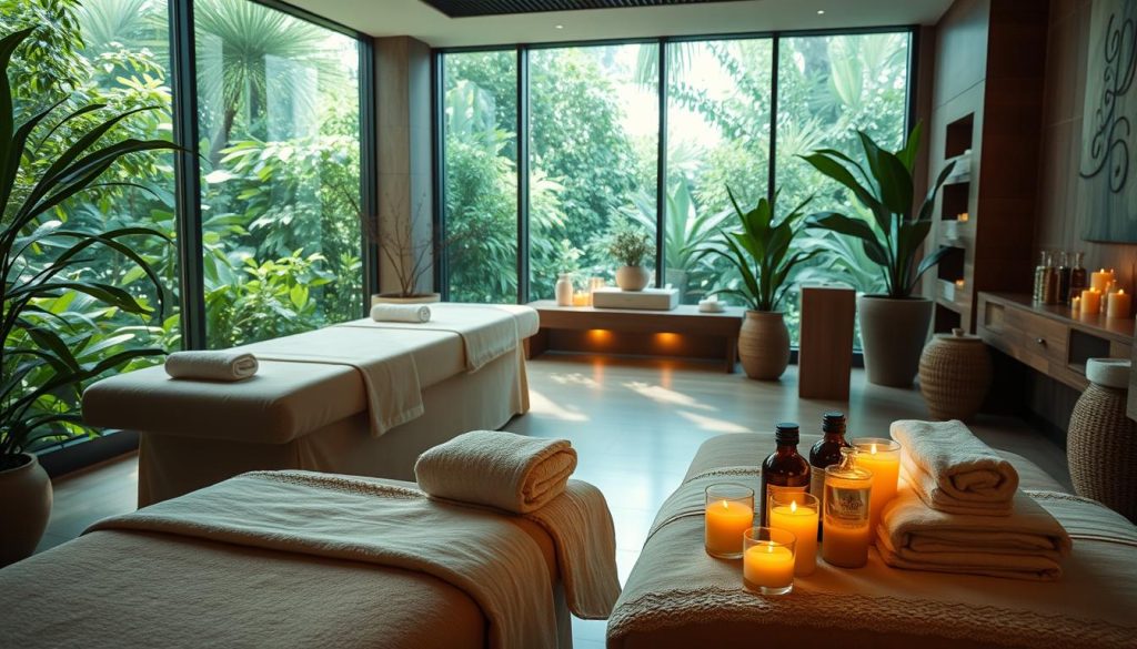 A serene and luxurious spa setting, with plush massage tables surrounded by lush greenery and soothing natural light filtering in through large windows. Soft, warm lighting casts a calming glow, creating an atmosphere of tranquility. The scene features an array of massage oils, towels, and other spa accessories neatly arranged, hinting at the pampering and rejuvenating treatments available. The overall composition evokes a sense of relaxation, indulgence, and well-being, perfectly capturing the essence of the "Hizmetlerimiz: Masaj, Spa, Hamam ve Kese-Köpük ile Baştan Sona Bakım" section.