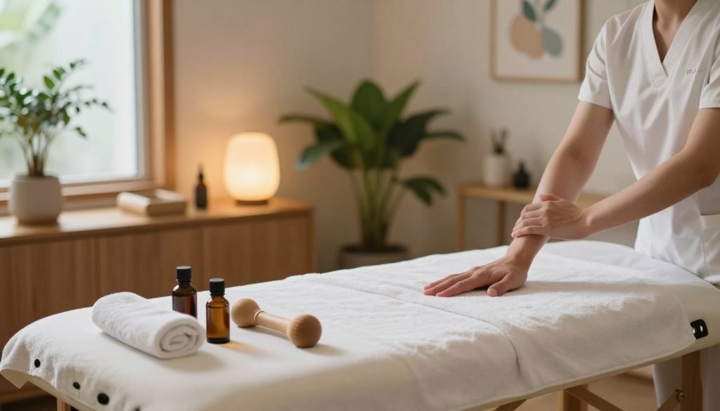 A serene and professional wellness environment showcasing a reflexology therapy scene specifically for athletes. In the foreground, a massage table is set with a clean, soft towel; massage tools and essential oils are elegantly arranged nearby. In the middle ground, there’s a calm ambiance with ambient lighting softly illuminating the space, creating a relaxing atmosphere. The background features soothing green plants, warm-colored wood accents, and gentle artwork that reflects health and vitality. The scene is devoid of human figures, focusing solely on the therapeutic setting, evoking a sense of tranquility and professionalism. The lighting should mimic natural daylight, enhancing the inviting feel of the room while maintaining a sense of comfort and expertise in sports reflexology massage. A serene and professional wellness environment showcasing a reflexology therapy scene specifically for athletes. In the foreground, a massage table is set with a clean, soft towel; massage tools and essential oils are elegantly arranged nearby. In the middle ground, there’s a calm ambiance with ambient lighting softly illuminating the space, creating a relaxing atmosphere. The background features soothing green plants, warm-colored wood accents, and gentle artwork that reflects health and vitality. The scene is devoid of human figures, focusing solely on the therapeutic setting, evoking a sense of tranquility and professionalism. The lighting should mimic natural daylight, enhancing the inviting feel of the room while maintaining a sense of comfort and expertise in sports reflexology massage.