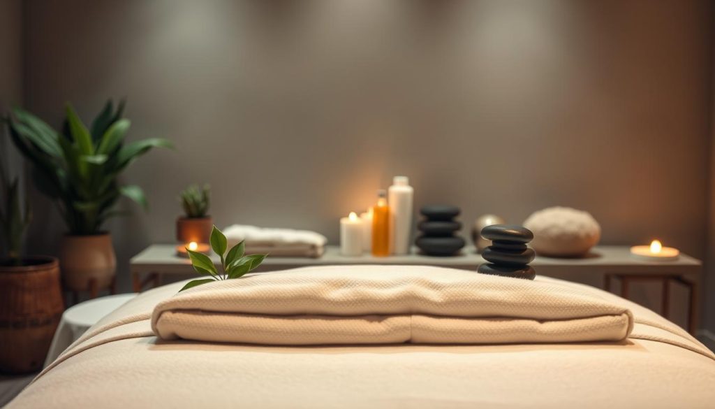 A serene and relaxing massage therapy scene. A calming, dimly lit room with soft, diffused lighting. In the foreground, a massage table draped in plush, white linens. Soothing, natural elements like potted plants and river stones create a tranquil ambiance. In the middle ground, massage tools and oils neatly arranged, conveying the expertise of the practitioner. The background features muted, earthy tones and textures, evoking a sense of balance and well-being. The overall mood is one of tranquility, healing, and the restorative power of classic massage techniques.