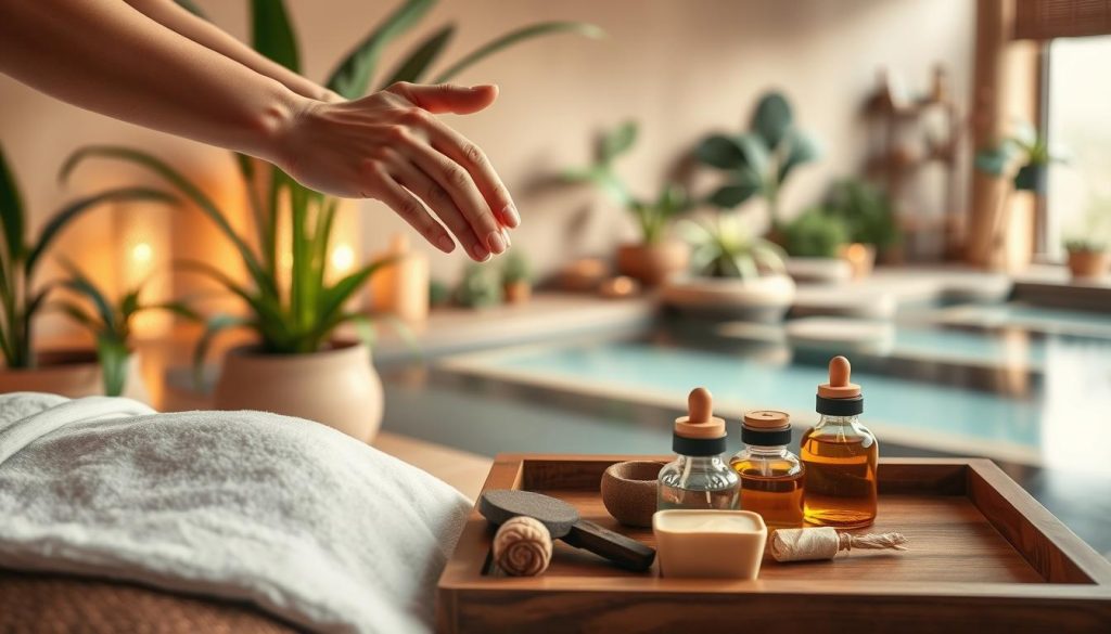 A serene and relaxing spa setting, with soft lighting and natural elements. In the foreground, a masseuse's hands expertly performing a traditional Turkish massage technique, using long, flowing strokes and gentle pressure. The mid-ground features various massage tools and oils, neatly arranged on a wooden tray. In the background, a tranquil scene of lush plants, calming water features, and the warm, earthy tones of the spa's decor, creating an atmosphere of escape and rejuvenation. A serene and relaxing spa setting, with soft lighting and natural elements. In the foreground, a masseuse's hands expertly performing a traditional Turkish massage technique, using long, flowing strokes and gentle pressure. The mid-ground features various massage tools and oils, neatly arranged on a wooden tray. In the background, a tranquil scene of lush plants, calming water features, and the warm, earthy tones of the spa's decor, creating an atmosphere of escape and rejuvenation.